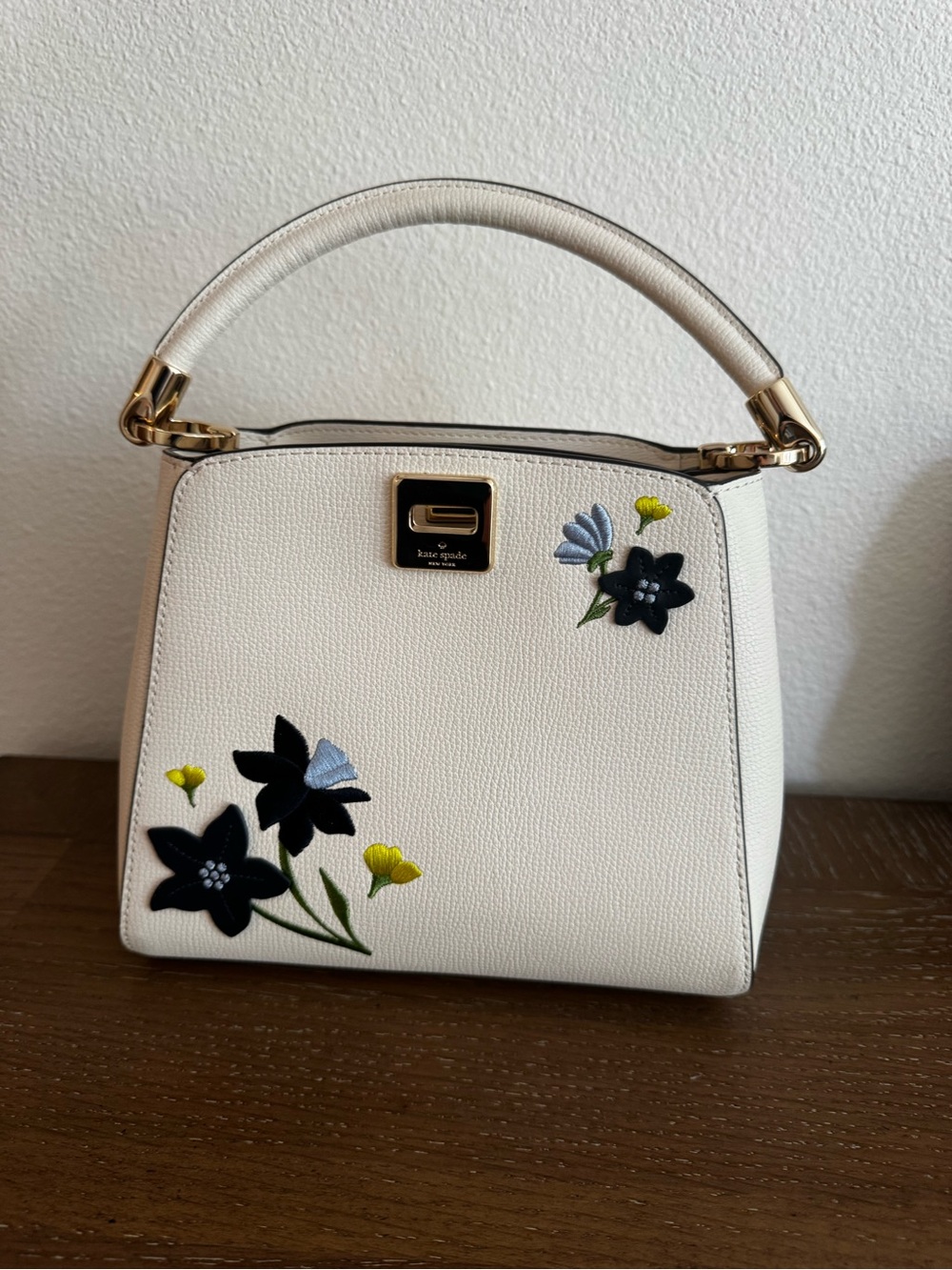 kate spade White Leather Top-Handle Satchel with Floral Appliqué